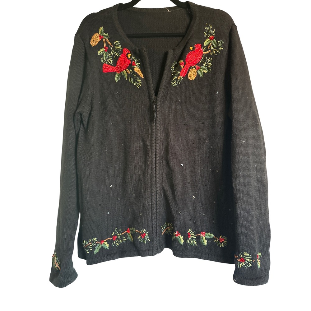 Vintage‎ Grandma Core Black Zip Up Cardigan Sweater Cardinal Sequin Embroidered